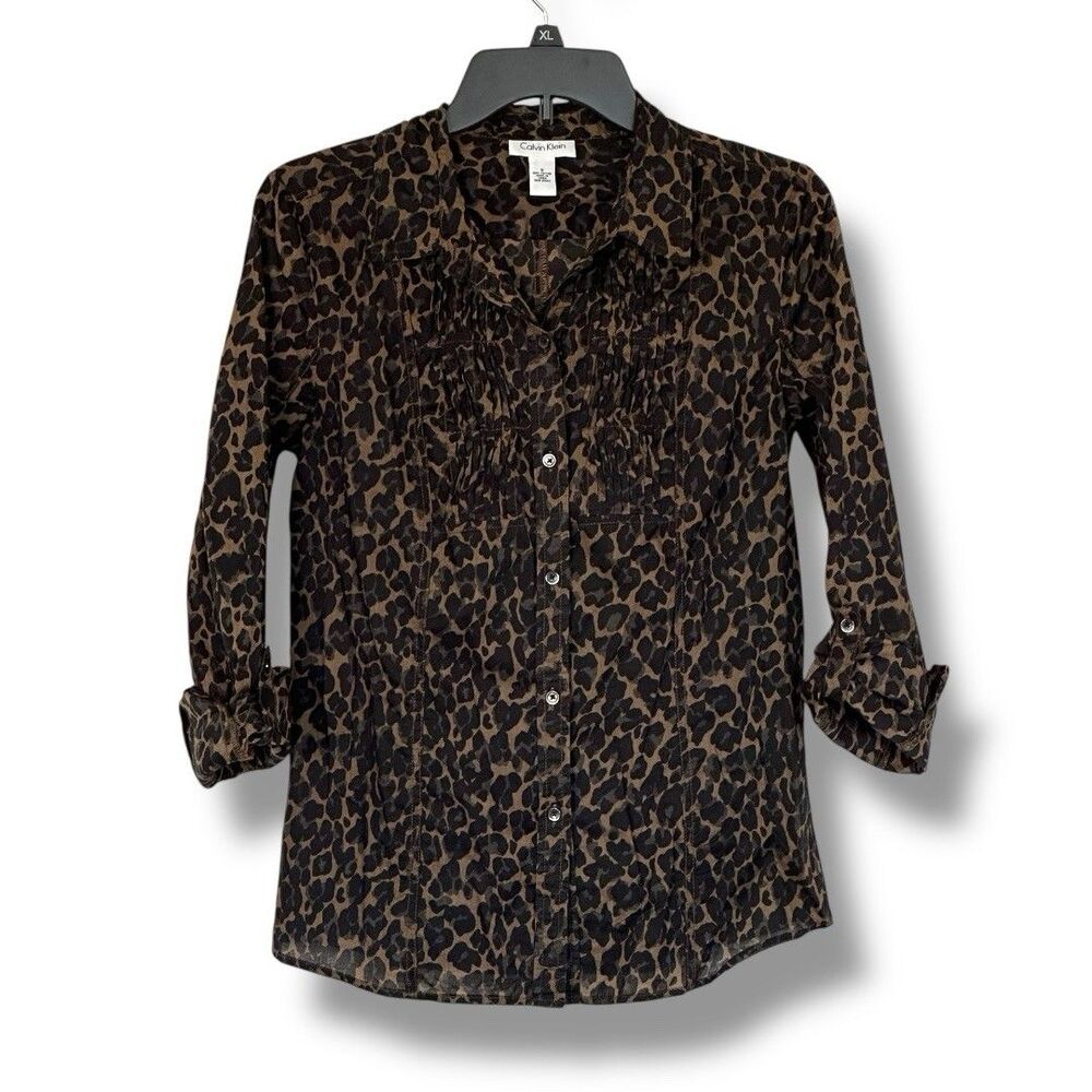 Calvin Klein Lightweight Animal Print Pleated Blouse Button Up Roll Tab Sleeve S